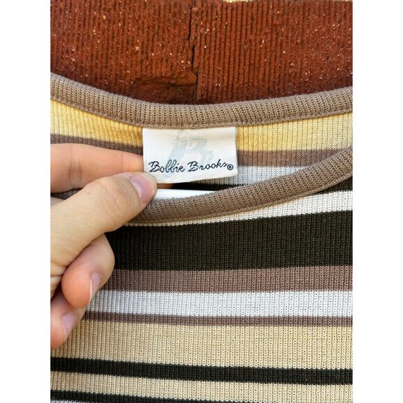 Bobbie Brooks Striped Long Sleeve Knit Top Brown Tan Green Vintage Style - Picture 2 of 4